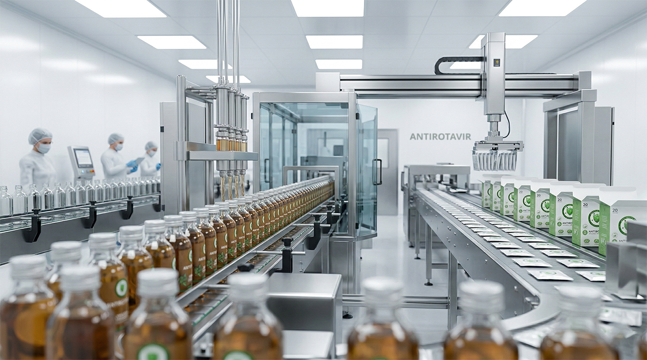 Automated clean packaging line for ANTIROTAVIR syrup and supplements